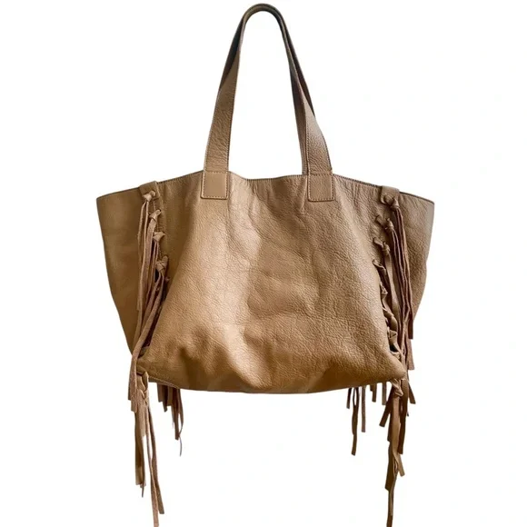 Camel Brown Fringe Leather Tote Bag Oversized Slouchy Boho Hobo Neutral - Picture 4 of 17